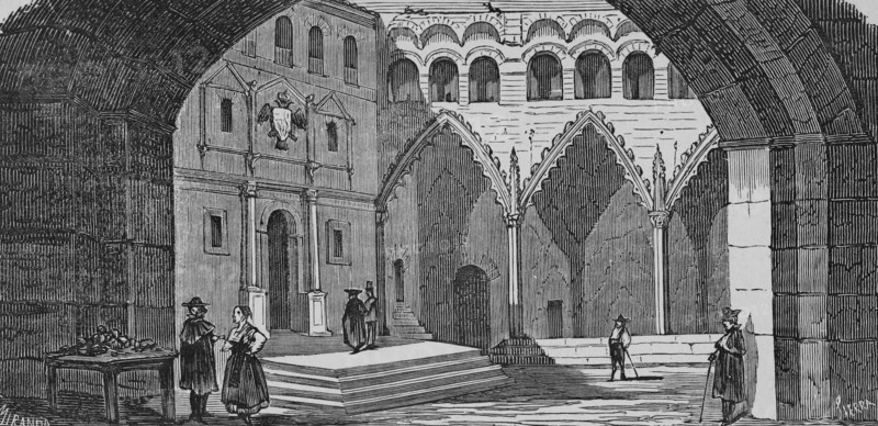 Spain, Aragon, Teruel province, Alcañiz. Porticos of the Square (now Spain Square). Illustration by Fernando Miranda. Engraving by Sierra. Cronica General de España, Historia Ilustrada y Descriptiva de sus Provincias. Aragon, 1866.