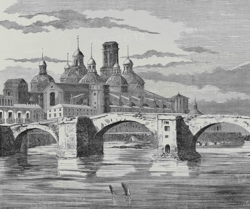 Spain, Aragon. Zaragoza. General view of the Pilar Basilica. Illustration by Vicente Urrabieta. Engraving by Soriano. Cronica General de España, Historia Ilustrada y Descriptiva de sus Provincias. Aragon, 1866.