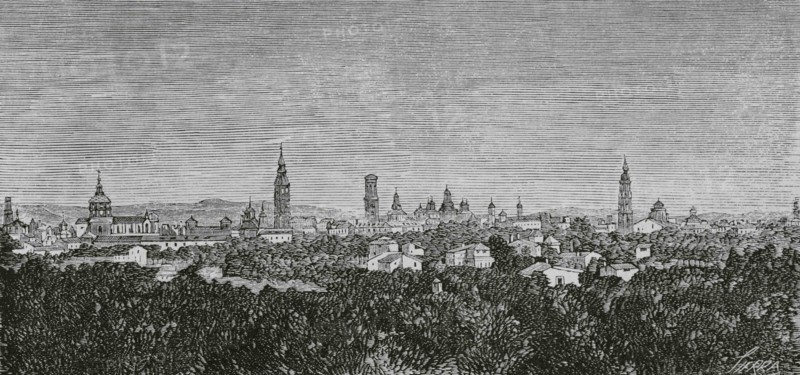 Spain, Aragon. Zaragoza. Panoramic view of the city. Engraving by Sierra. Cronica General de España, Historia Ilustrada y Descriptiva de sus Provincias. Aragon, 1866.