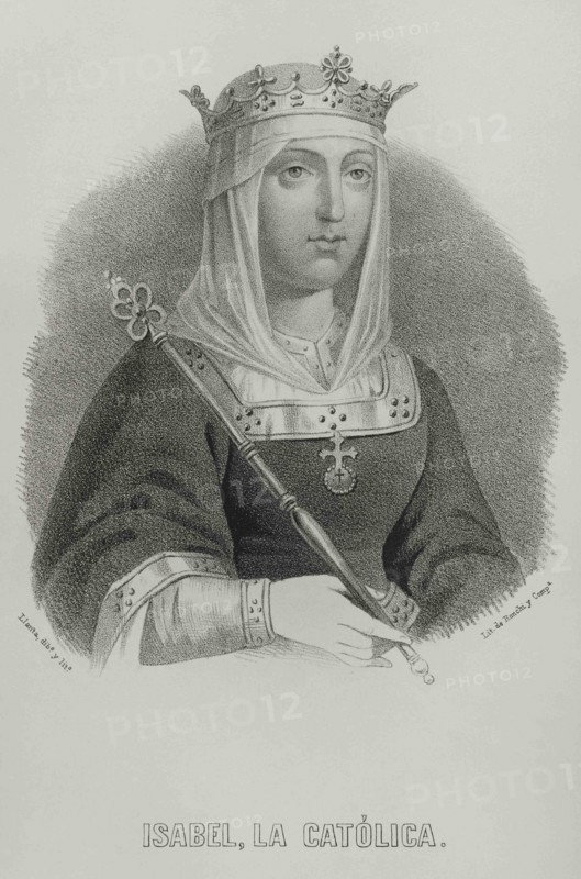 Isabella I (1451-1504). Queen of Castile (1474-1504). Queen consort of Aragon for her marriage to Ferdinand II of Aragon. Portrait. Illustration by Llanta. Lithography. Cronica General de España, Historia Ilustrada y Descriptiva de sus Provincias. Aragon, 1866.