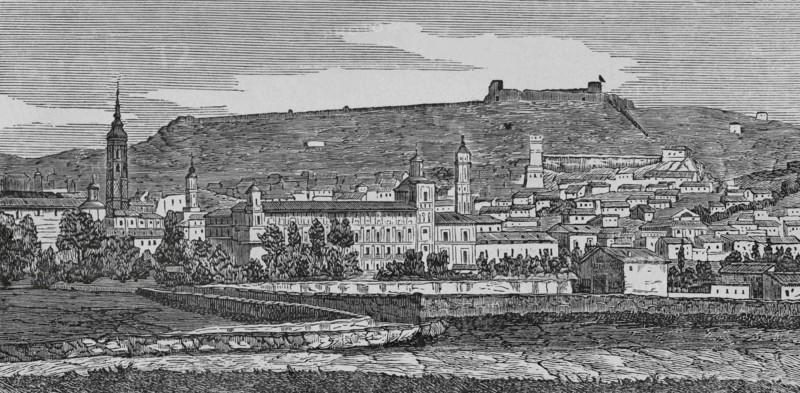 Spain, Aragon, Zaragoza province, Calatayud. Panoramic of the town. Engraving by Sierra. Cronica General de España, Historia Ilustrada y Descriptiva de sus Provincias. Aragon, 1866.