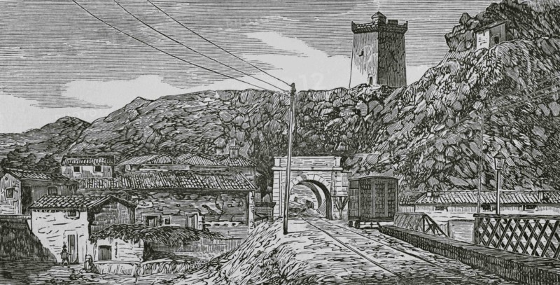 Spain, Aragon, Zaragoza province, Alhama de Aragon. View of the village. Engraving. Cronica General de España, Historia Ilustrada y Descriptiva de sus Provincias. Aragon, 1866.