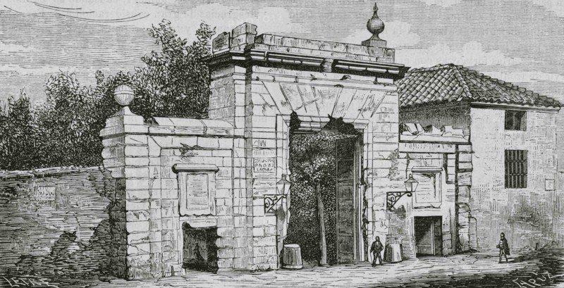 Spain, Aragon, Zaragoza. Gate of Our Lady of El Carmen, the only one preserved of the wall of the ancient city. It was built in Neoclassical style at late 18th century. Illustration by Letre. Engraving by Tomas Carlos Capuz (1834-1899). Cronica General de España, Historia Ilustrada y Descriptiva de sus Provincias. Aragon, 1866.