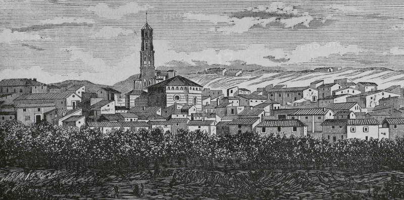 Spain, Aragon, Zaragoza province, Ricla. General view of the village. Engraving. Cronica General de España, Historia Ilustrada y Descriptiva de sus Provincias. Aragon, 1866.