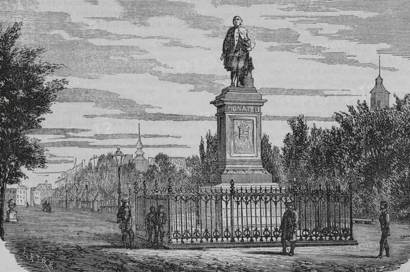 Spain, Aragon, Zaragoza. Monument to Ramon Pignatelli (1734-1793). Illustration by Letre. Engraving by Tomas Carlos Capuz (1834-1899). Cronica General de España, Historia Ilustrada y Descriptiva de sus Provincias. Aragon, 1866.