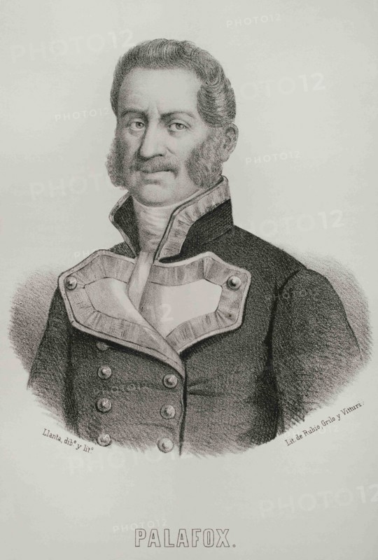 Jose de Palafox, 1st Duke of Zaragoza (1775-1847). Spanish general at Peninsular War. Portrait. Illustration by Santiago Llanta. Lithography. Cronica General de España, Historia Ilustrada y Descriptiva de sus Provincias. Aragon, 1866.