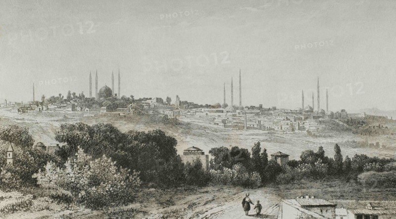 Ottoman Empire. Turkey. Adrianople (today Edirne). Panoramic of the city. Engraving by Lemaitre, Lalaisse and Fleury. Historia de Turquia, by Joseph Marie Jouannin (1783-1844) and Jules Van Gaver, 1840.