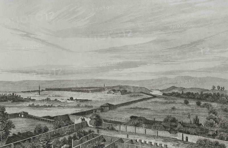 Ottoman Empire. Turkey. Eski Saray. Panoramic view. Engraving by Lemaitre, Vormser and Fonnstecher. Historia de Turquia by Joseph Marie Jouannin (1783-1844) and Jules Van Gaver, 1840.