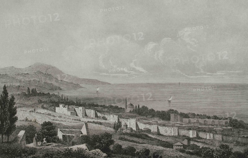Ottoman Empire era. Turkey. Trabzon. Black Sea coastal city. View. Engraving by Lemaitre, Preaux and Charles Lalaisse. Historia de Turquia by Joseph Marie Jouannin (1783-1844) and Jules Van Gaver, 1840.
