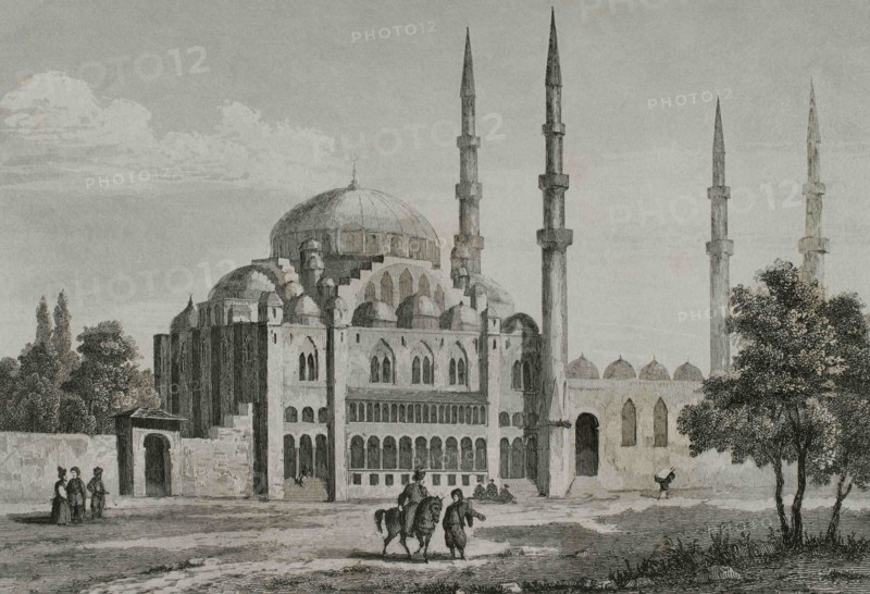 Ottoman Empire. Turkey. Constantinople (today Istanbul). The Suleymaniye Mosque (1550-1557). It was commisioned by Suleyman the Magnificent and designed by the imperial architect Mimar Sinan. Engraving by Lemaitre and Arnaut. Historia de Turquia by Joseph Marie Jouannin (1783-1844) and Jules Van Gaver, 1840.