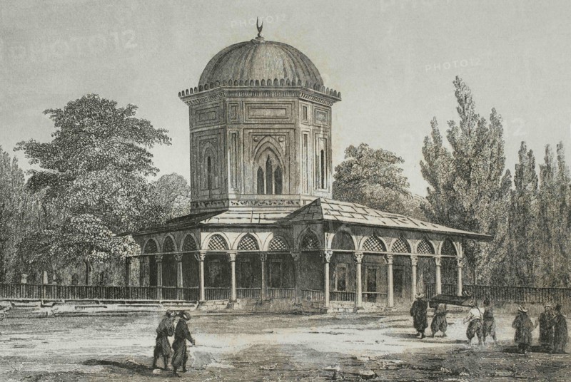 Ottoman Empire. Turkey, Constantinople (today Istanbul). Exterior of Mausoleum of Suleymaniye I. Suleymaniye Mosque Complex, 16th century. Engraving by Lemaitre, J. Arnout and Lepetit. Historia de Turquia by Joseph Marie Jouannin (1783-1844) and Jules Van Gaver, 1840.