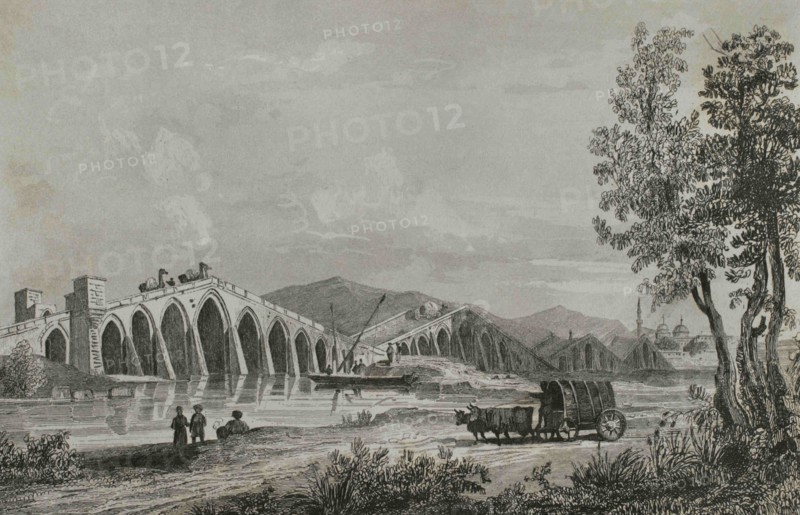 Ottoman Empire. Turkey. Kanuni Sultan Suleyman bridge or Buyukçekmece Bridge. Buyukçekmece, near Istanbul. It was built by Sinan on a commission from Selim II, 16th century. Engraving by Lemaitre, Danvin and Lepetit. Historia de Turquia by Joseph Marie Jouannin (1783-1844) and Jules Van Gaver, 1840.