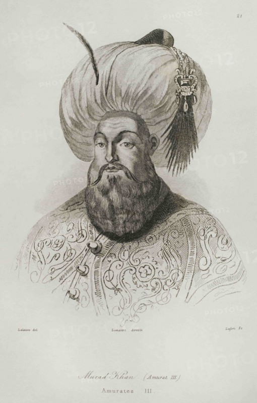Murad III (1546-1595), Sultan of the Ottoman empire (1574 -1595). He was the eldest son of sultan Selim II (1566-1574). Portrait. Engraving by Lemaitre, Lalaisse and Lafon. Historia de Turquia by Joseph Marie Jouannin (1783-1844) y Jules Van Gaver, 1840.