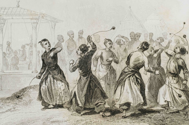 Ottoman Empire. Turkey. Men exercising in Tomak game. Martial art. Traditional game in which woll balls are used on leather straps. Engraving by Lemaitre, Lalaisse and Chaillot. Historia de Turquia by Joseph Marie Jouannin (1783-1844) and Jules Van Gaver, 1840.
