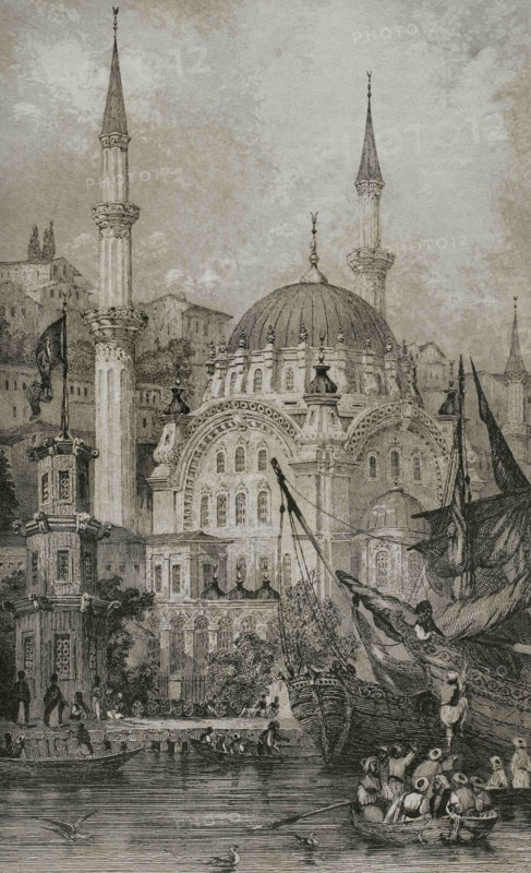 Ottoman Empire. Turkey. Constantinople (today Istanbul). Mosque of Sultan Mahmud II (The Tophane or Nusretiye Mosque). It was built between 1823 and 1826 by Sultan Mahmud II (1784-1837), designed by the architect Krikor Balyan. Engraving. Historia de Turquia by Joseph Marie Jouannin (1783-1844) and Jules Van Gaver, 1840.