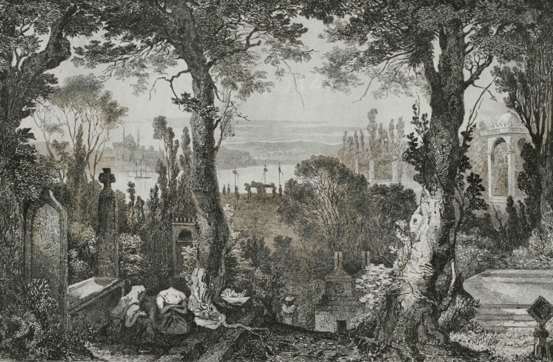 Ottoman Empire. Turkey. Constantinople (today Istanbul). Turkish cemetery. Engraving by Lemaitre, L. Thienon. Historia de Turquia by Joseph Marie Jouannin (1783-1844) and Jules Van Gaver, 1840.