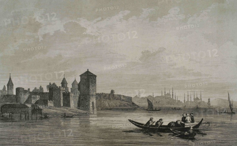 Ottoman Empire. Turkey. Constantinople (today Istanbul). Yedikule Fortress or "Fortress of the Seven Towers". Its construction was commissioned by Ottoman Sultan Mehmed II in 1458. Engraving by Lemaitre and J. Arnout. Historia de Turquia by Joseph Marie Jouannin (1783-1844) and Jules Van Gaver, 1840.