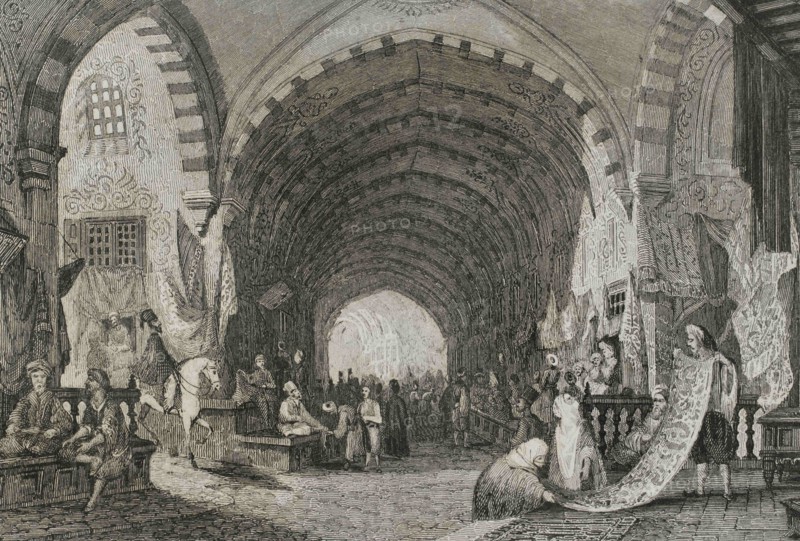 Ottoman Empire. Turkey. Constantinople (today Istanbul). The Bazaar. Engraving by Lemaitre. Historia de Turquia by Joseph Marie Jouannin (1783-1844) and Jules Van Gaver, 1840.