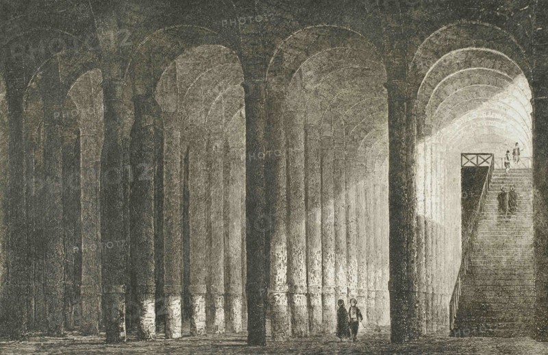 Ottoman Empire. Turkey. Constantinople (today Istanbul). Cistern of Philoxenos or Binbirdirek Cistern, The 1001 columns. It was constructed under a palace in the 5th century. Justinian I restored the cistern in the 6th century. Engraving by Lemaitre, and Arnout. Historia de Turquia by Joseph Marie Jouannin (1783-1844) and Jules Van Gaver, 1840.
