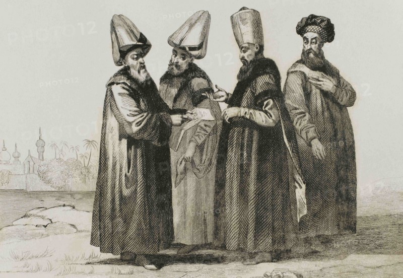 Turkey. Administration of the Ottoman Empire. From left to right: Grand Vizier, Kaim-Mekam, Reis Efendi and Khadjedhian, member of the Divan. Historia de Turquia, 1840. Engraving by Lemaitre, Lalaisse and Lesueur. Historia de Turquia by Joseph Marie Jouannin (1783-1844) and Jules Van Gaver, 1840.