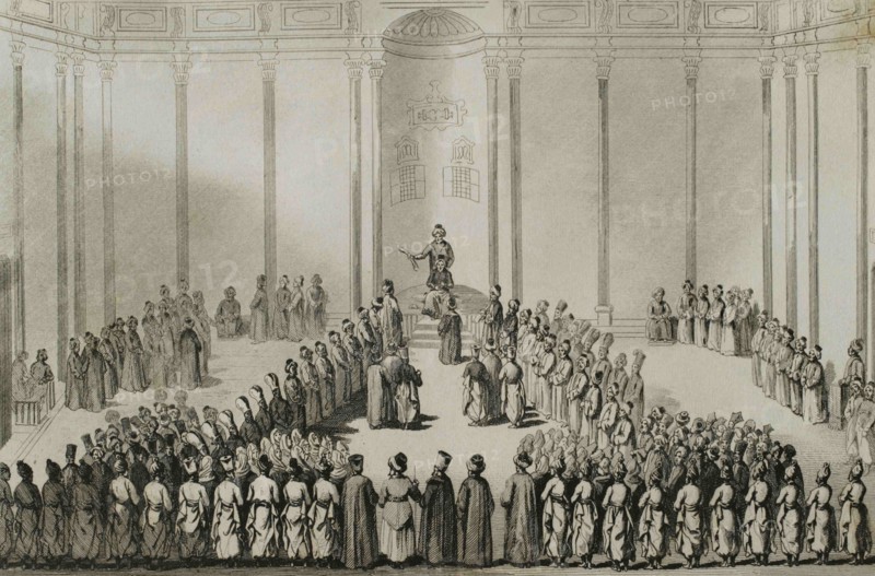 Ottoman Empire. Turkey. Court of the Grand Vizier. Engraving by Lemaitre, Lalaisse and Montaut. Historia de Turquia by Joseph Marie Jouannin (1783-1844) and Jules Van Gaver, 1840.