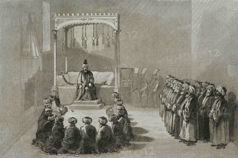 Turkey. Constantinople (Today Istanbul). Topkapi Palace. Religious ceremony in the Audience Hall (Arz Odacy) or Throne apartment on the day before Beyram festival. Engraving by Lemaitre, Lalaisse and Branche. Historia de Turquia by Joseph Marie Jouannin (1783-1844) and Jules Van Gaver, 1840.