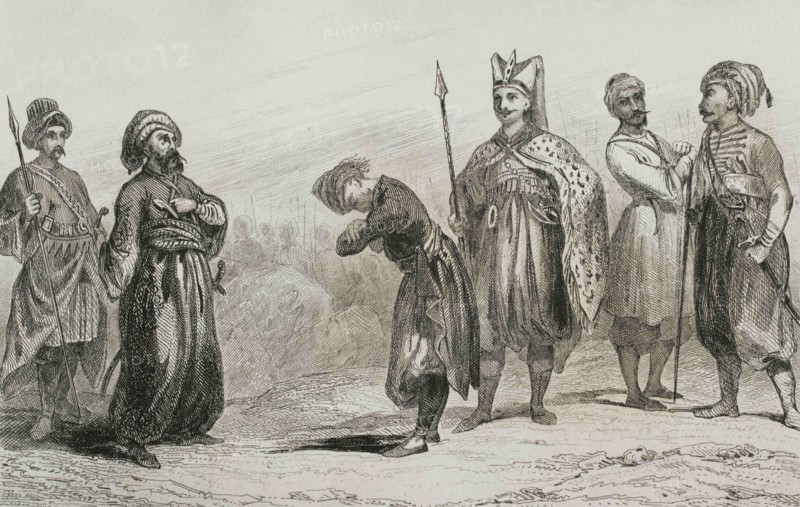 Turkey. Ottoman Empire. Turkish army troops. From left to right: Chatir, Pasha, militiaman, Harbagi, Egyptian soldier and another militiaman. Engraving by Lemaitre, Lalaisse and Chaillot. Historia de Turquia by Joseph Marie Jouannin (1783-1844) and Jules Van Gaver, 1840.