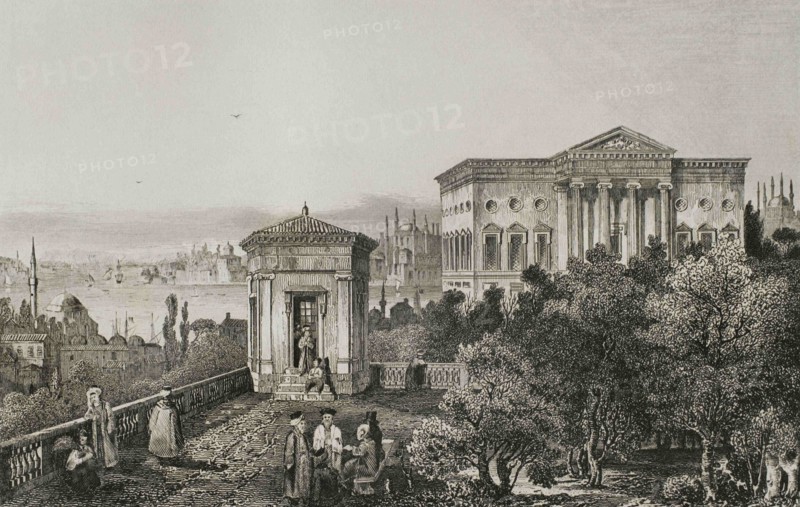 Ottoman Empire. Turkey. Constantinople (today Istanbul). Panoramic from one of the terraces of the French Palace, near the Palace of Venice. Engraving by Lemaitre and L. Thienon. Historia de Turquia by Joseph Marie Jouannin (1783-1844) and Jules Van Gaver, 1840.