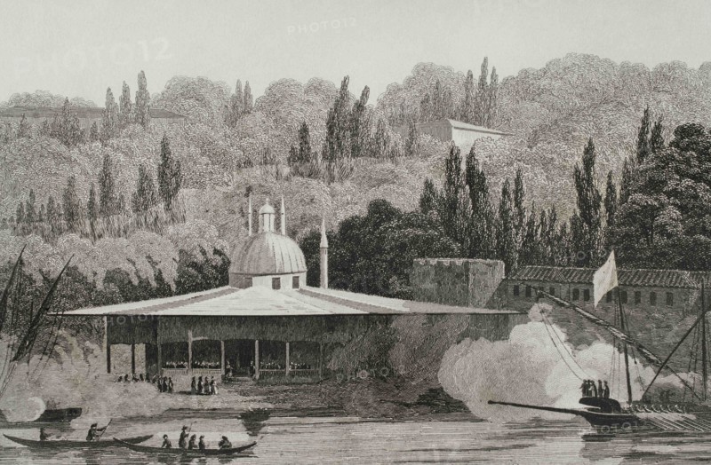 Ottoman Empire. Turkey. Kiosk of the Gunsmiths (Djebedjiler-Kiochky).  Engraving by Lemaitre, Arnout and Cholet.  Historia de Turquia by Joseph Marie Jouannin (1783-1844) and Jules Van Gaver, 1840.