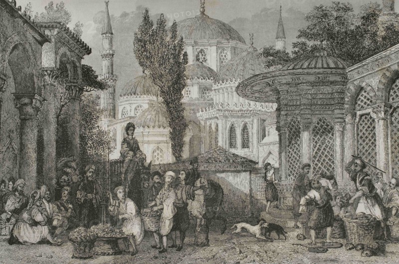 Ottoman Empire. Turkey. Constantinople (today Istanbul). Exterior view of the Sehzade Mosque, 16th century. Ottoman era mosque located in the Fatih district. Suleyman the Magnificent comissioned its construction to Mimar Sinan to commemorate his son Sehzade Mehmed. Engraving by Lemaitre. Historia de Turquia by Joseph Marie Jouannin (1783-1844) and Jules Van Gaver, 1840.