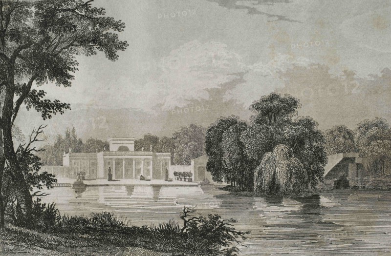 Poland, Warsaw. Royal Baths Park. View of the Palace on the Isle. Engraving by Lemaitre, Vormser and Lepetit. History of Poland, by Charles Foster. Panorama Universal, 1840.