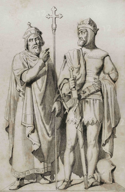 Mieszko I of Poland (935-992). Piast prince or duke of Poland from c.963. Boleslaw I the Brave (967-1025). He was the son of Mieszko I. Duke of Poland (992-1025) and the first king of Poland in 1025. Dinasty Piast. Monument to Mieszko I and Boleslaw I in the city of Poznan. Engraving by Lemaitre, Vernier and Lafon. History of Poland, by Charles Foster. Panorma Universal, 1840.