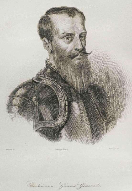 Jan Karol Chodkiewicz (1560-1621). Military commander of the  Polish-Lithuanian Commonwealth army. Portrait. Engraving by Lemaitre, Vernier and Massard.  History of Poland by Charles Foster. Panorama Universal, 1840.
