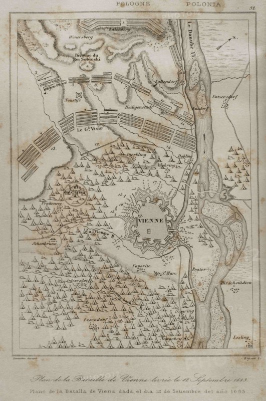 Holy Roman Empire. Plan of the Battle of Vienna, 12 September 1683. It took place at Kahlenberg Mountain, near Vienna, ather the city had been besieged by the Ottoman Empire during two months. The battle was fought by the Holy Roman Empire led by the Habsburg Monarchy, and the Polish-Lithuanian Commonwealth, both under the command of King John III Sobieski, against the Ottomans. The result was a victory for the first. Engraving by Lemaitre and Bigant. History of Poland, by Charles Foster. Panorama Universal, 1840.
