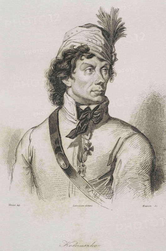 Tadeusz Kosciuszko (1746-1817). Polish general and statesman. National hero in Poland and Belarus for his leadership of a national insurrection, and in the United States for his role in the American Revolution. Portrait. Engraving by Lemaitre, Vernier and Masson. History of Poland, by Charles Foster. Panorama Universal, 1840.