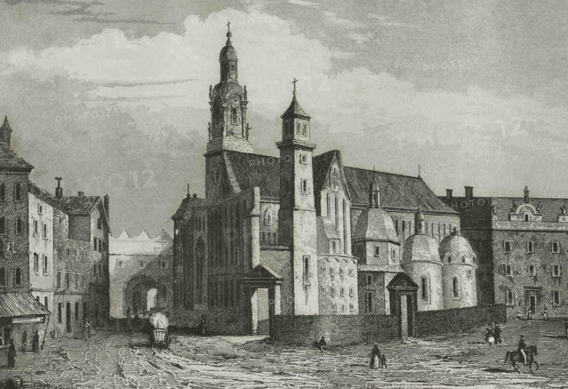 Poland, Krakow. Wawel Cathedral. Polish national sanctuary. It has traditionally served as coronation site of the Polish monarchs. Engraving by Lemaitre and Dumouza. History of Poland, by Charles Foster. Panorama Universal, 1840.
