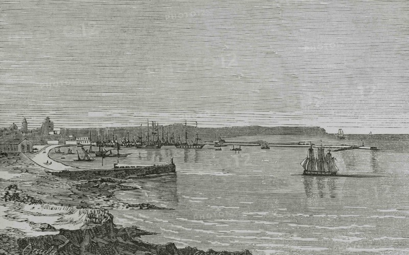 Spain. Panoramic of the Grao of Valencia. Illustration by Caula. Engraving, 19th century. Cronica General de España. Historia Ilustrada y Descriptiva de sus Provincias. Valencia, 1867.