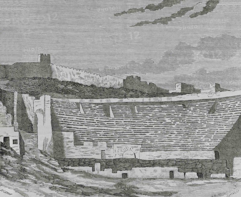 Spain, province of Valencia, Sagunto. View of the ruins of the Roman Theater. Illustration by Sesma. Engraving by Sierra, 19th century. Cronica General de España. Historia Ilustrada y Descriptiva de sus Provincias. Valencia, 1867.