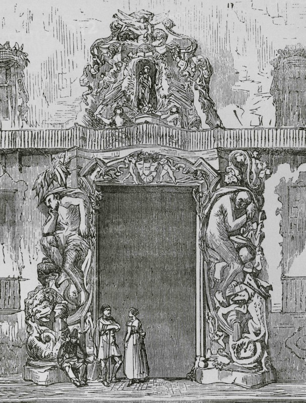 Spain, Valencia. Palace of the Marquis of Dos Aguas. Detail of main facade. Engraving, 19th century. Cronica General de España. Historia Ilustrada y Descriptiva de sus Provincias. Valencia, 1867.