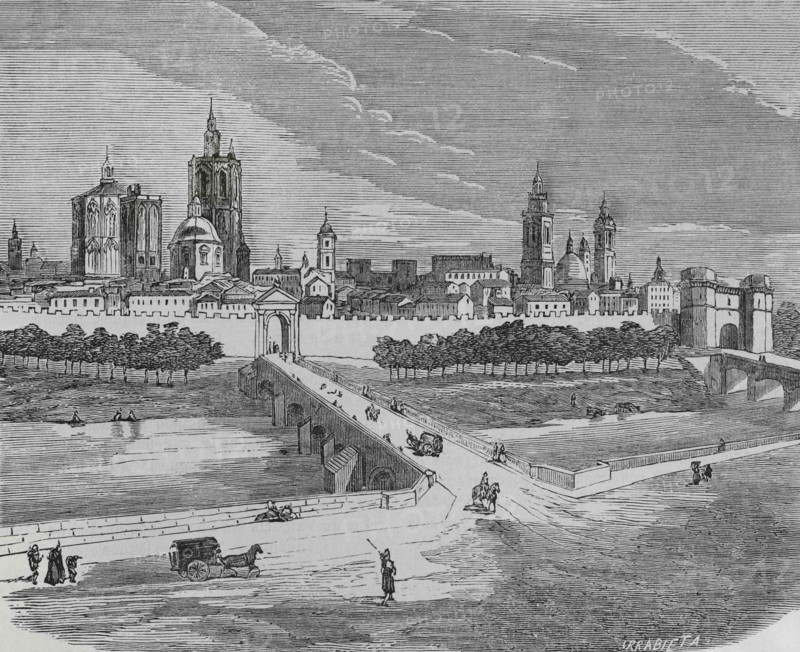 Spain, Valencia. Panoramic of the city. Illustration by Urrabieta, 19th century. Engraving. Cronica General de España. Historia Ilustrada y Descriptiva de sus Provincias. Valencia, 1867.