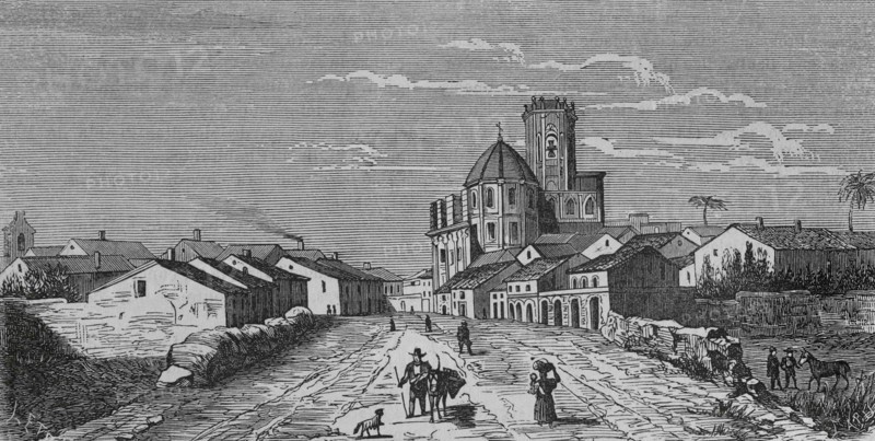 Spain, Castellon province, Villarreal. View of the city.  Illustration by Letre. Engraving by Capuz. Cronica General de España. Historia Ilustrada y Descriptiva de sus Provincias. Valencia, 1867.