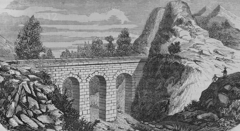 Spain, Valencia province. Peña Cortada Aqueduct. Near Chelva. The aqueduct dates from the end of the 1st or the beginning of the 2nd century. Engraving by Capuz, 19th century. Illustration by Letre. Cronica General de España. Historia Ilustrada y Descriptiva de sus Provincias. Valencia, 1867.
