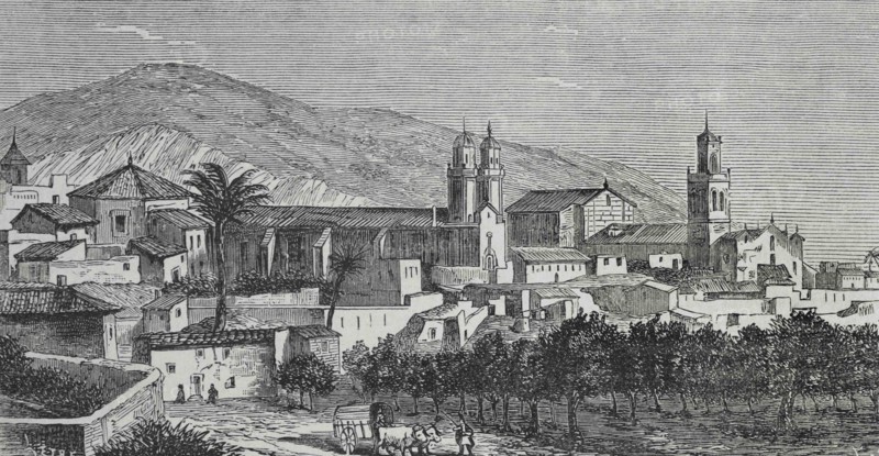 Spain, Alicante province, Orihuela. Panoramic of the town. Illustration by Letre. Engraving by Capuz, 19th century. Cronica General de España. Historia Ilustrada y Descriptiva de sus Provincias. Valencia, 1867.