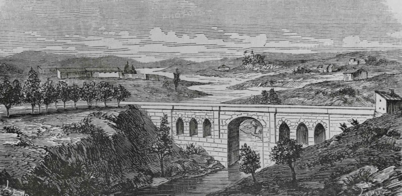 Spain, Alicante province, Alcoy. Panoramic of the Maria Cristina Bridge, over the riverbed of the River Riquer. It was constructed in medieval style between 1828 and 1838. It was named Maria Cristina in homage to Maria Cristina Borbon Dos Sicilias, the fourth wife of King Fernando VII. Engraving by Capuz, 19th century. Illustration by Letre. Cronica General de España. Historia Ilustrada y Descriptiva de sus Provincias. Valencia, 1867.