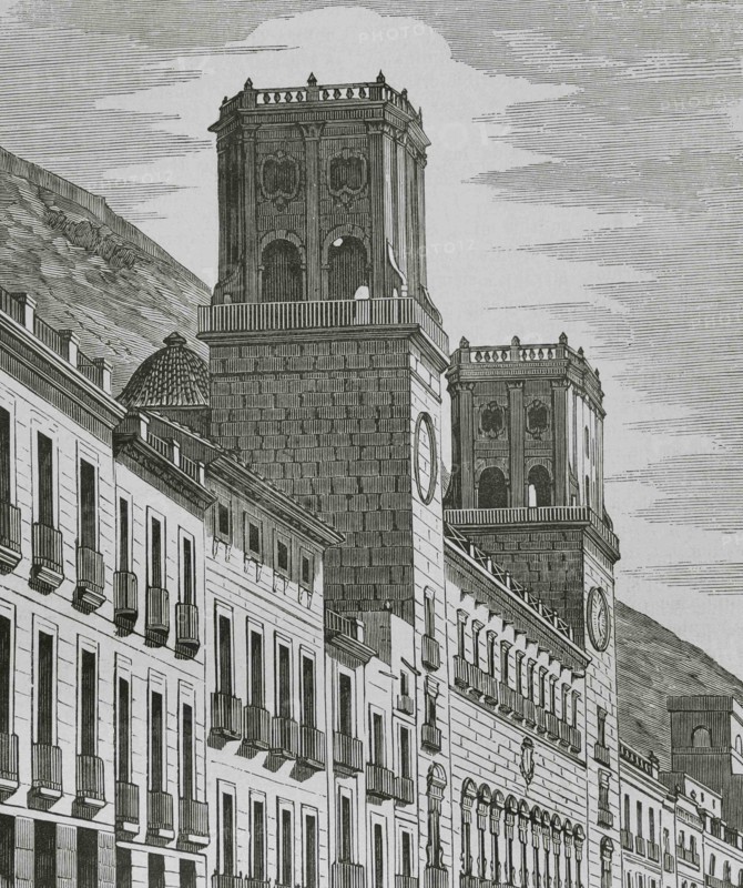 Spain, Alicante. City Council. Baroque civil building erected during the 18th century, designed by the architect Lorenzo Chápuli. Engraving by Sierra, 19th century. Illustration by Letre. Cronica General de España. Historia Ilustrada y Descriptiva de sus Provincias. Valencia, 1867.