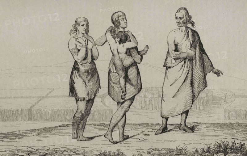 Indian women and old man. Engraving by Vernier. Panorama Universal. History of the United States of America, from 1st edition of Jean B.G. Roux de Rochelle's Etats-Unis d'Amérique in 1837. Spanish edition, printed in Barcelona, 1850.