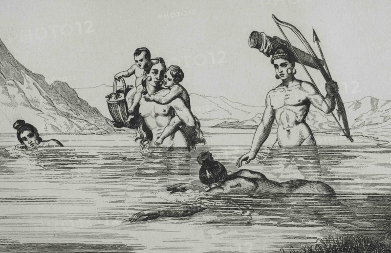 United States of America. 16th century French expedition. Florida. Natives fording a river. Jacques Le Moyne de Morgues (1533-1588) made the illustrations during the expedition. 19th century engraving by Vernier after the original of Jacques Le Moyne. Panorama Universal. History of the United States of America, from 1st edition of Jean B.G. Roux de Rochelle's Etats-Unis d'Amérique in 1837. Spanish edition, printed in Barcelona, 1850.