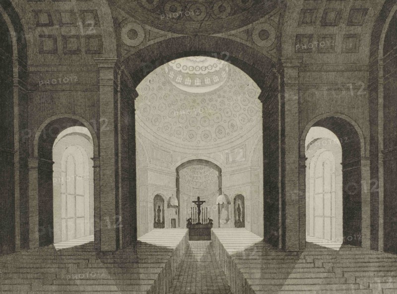 United States. Baltimore Catholic Cathedral. Interior of the temple. It was built from 1806 to 1821 by the architect Benjamin Henry Latrobe, the first great metropolitan cathedral constructed in the United States after the adoption of the Constitution. Engraving by Lefuel and Darau. Panorama Universal. History of the United States of America, from 1st edition of Jean B.G. Roux de Rochelle's Etats-Unis d'Amérique in 1837. Spanish edition, printed in Barcelona, 1850.