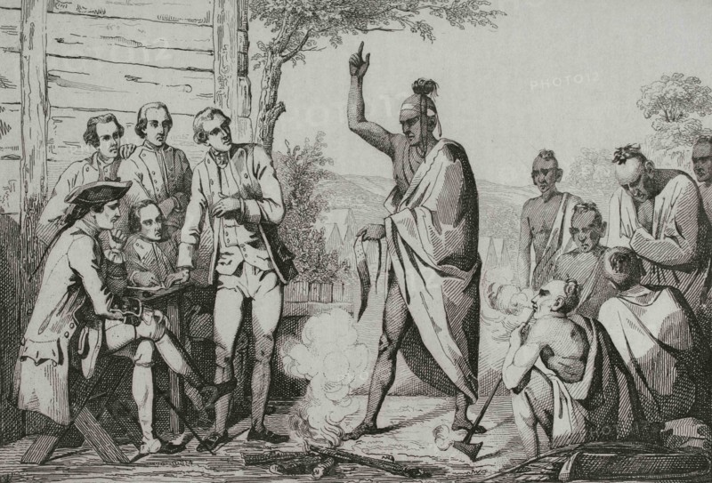 History of the United States of America. Native American council and conquistadors meeting around a fire. Engraving by Vernier. Panorama Universal. History of the United States of America, from 1st edition of Jean B.G. Roux de Rochelle's Etats-Unis d'Amérique in 1837. Spanish edition, printed in Barcelona, 1850.