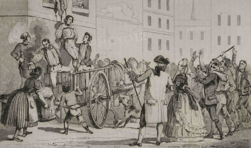 History of the United States of America, 18th century. British colonies in North America. Loyalist captured and humiliated, being feathered by a group of Sons of Liberty. Engraving by Vernier. Panorama Universal. History of the United States of America, from 1st edition of Jean B.G. Roux de Rochelle's Etats-Unis d'Amérique in 1837. Spanish edition, printed in Barcelona, 1850.